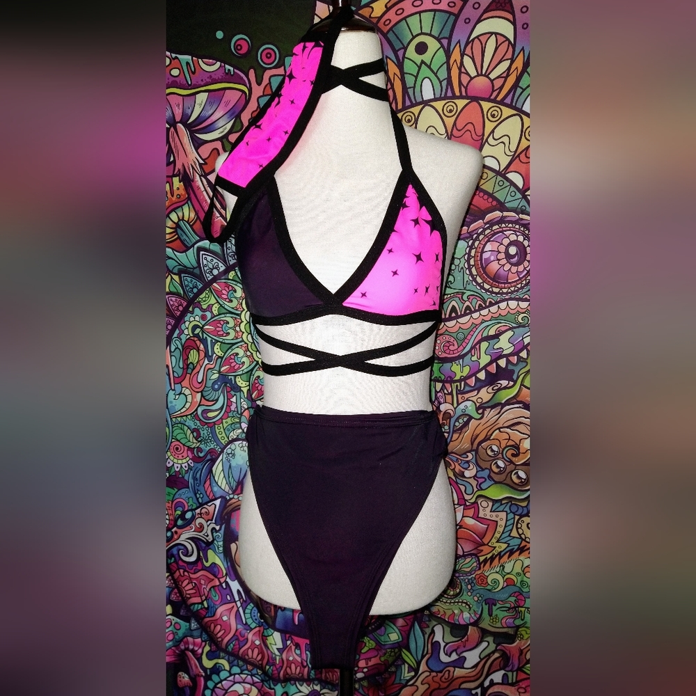 NWOT Lyte Couture Neon Pink And Black Festival Set With Matching Mask~ Sz M